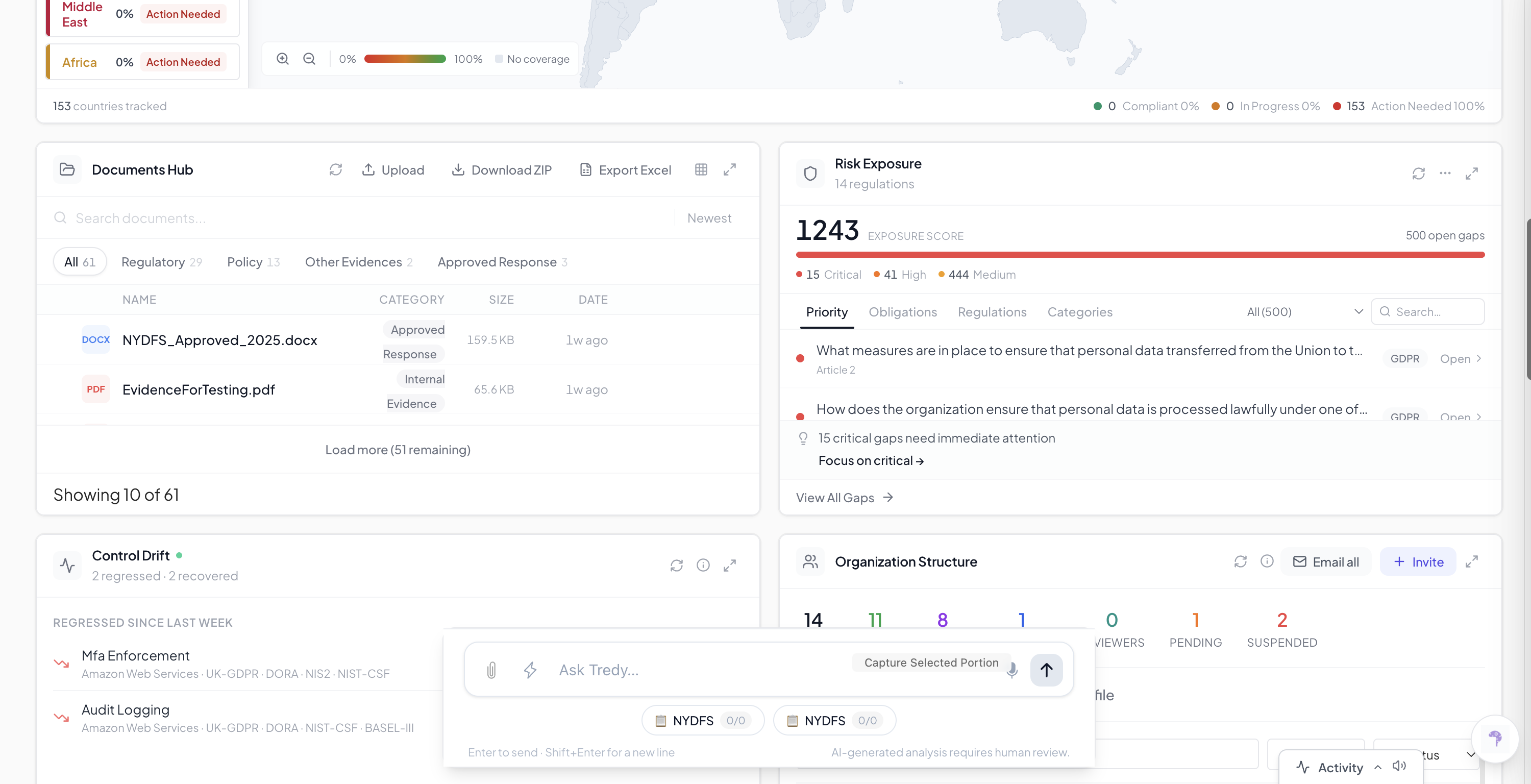 The AXA XL compliance dashboard with the Documents Hub and Risk Exposure widget.