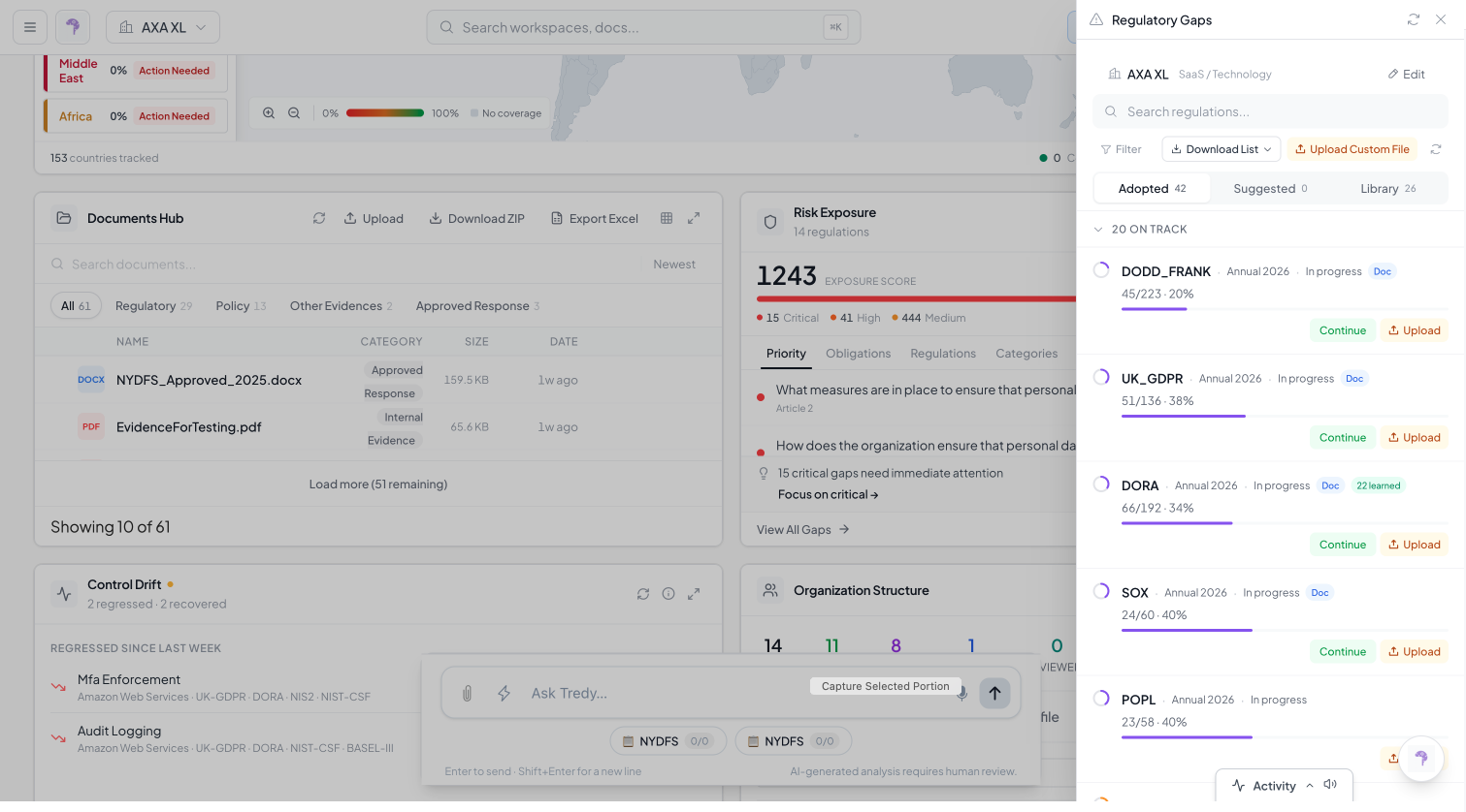 The Regulatory Drawer open on the dashboard with Adopted / Suggested / Library tabs.