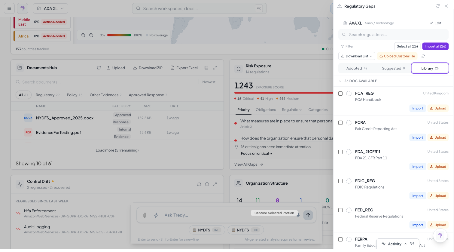 The Library tab of the Regulatory Drawer, listing regulations with Import buttons.
