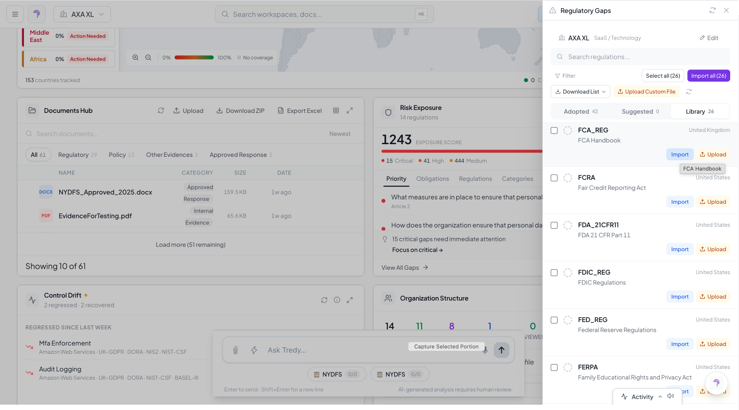 The Library tab with the Import button highlighted on a regulation row.