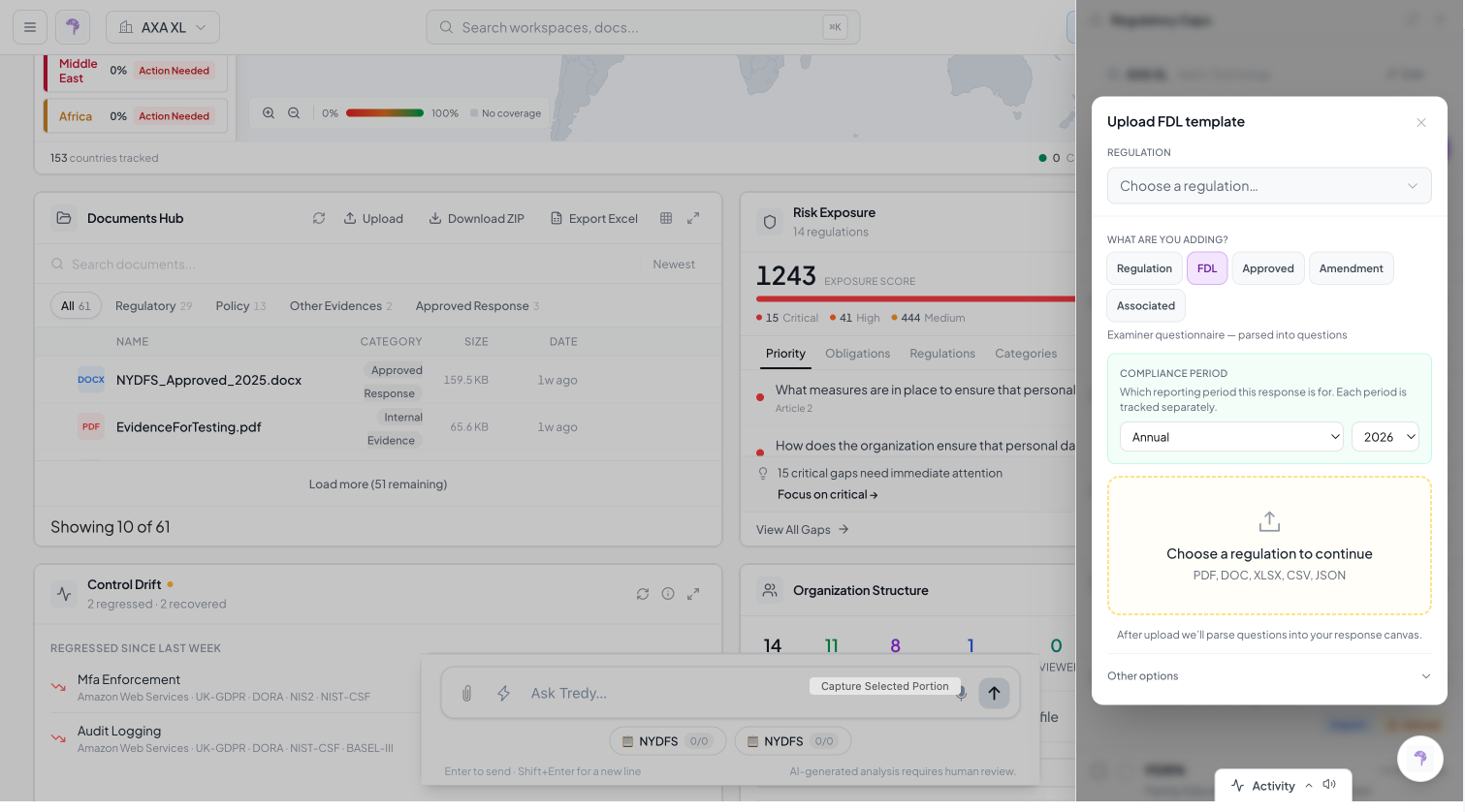 The Upload Regulation dialog: choose a regulation, set region scope, upload the primary text.