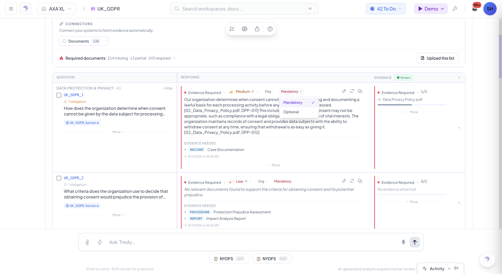 The Response Canvas for UK_GDPR with a Mandatory / Optional dropdown open on a response.
