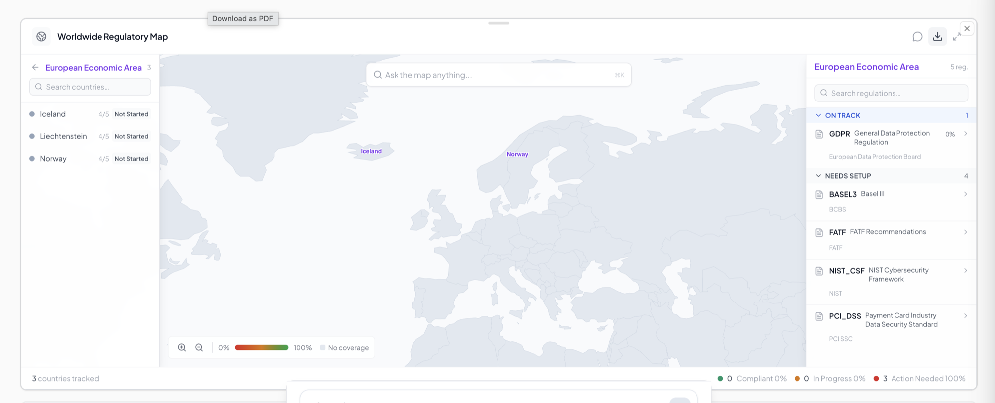 The Worldwide Regulatory Map showing EEA countries (Iceland, Liechtenstein, Norway) and regulations GDPR, BASEL3, FATF, NIST_CSF, PCI_DSS, with a Download as PDF action.
